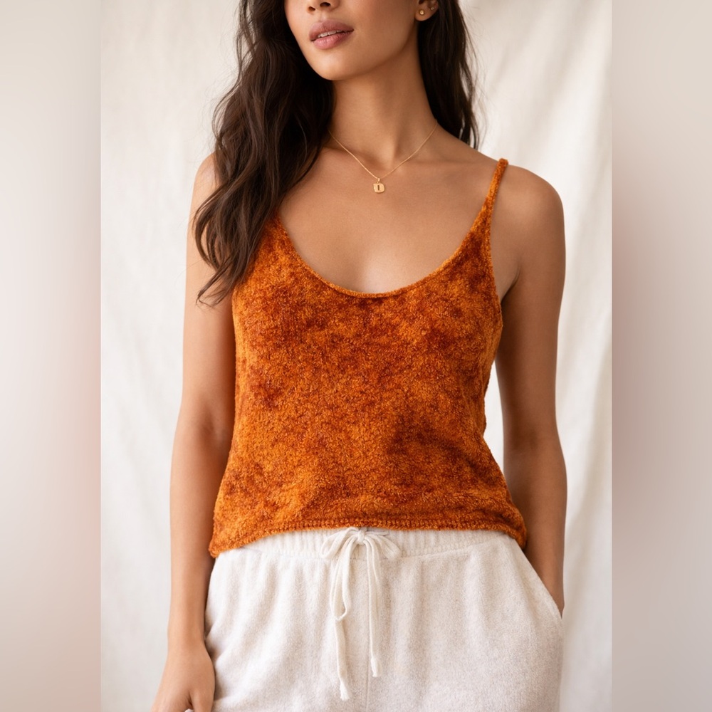 Vince Fuzzy Knit Camisole Tank Orange Brown Cozy Soft Size S